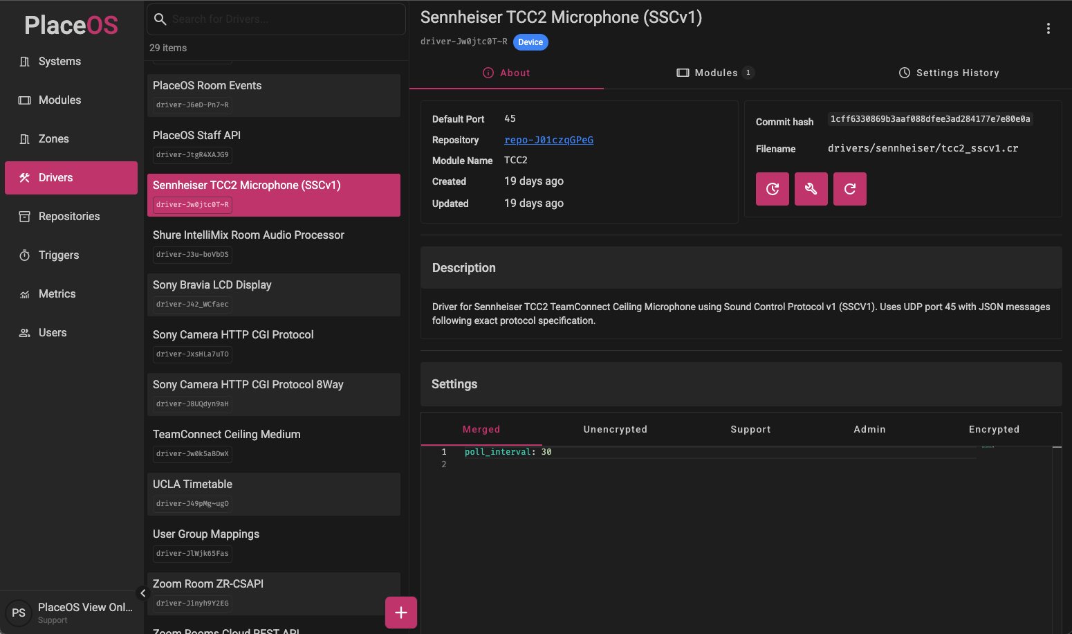 PlaceOS Backoffice — Driver management showing device configuration, module settings, and repository details
