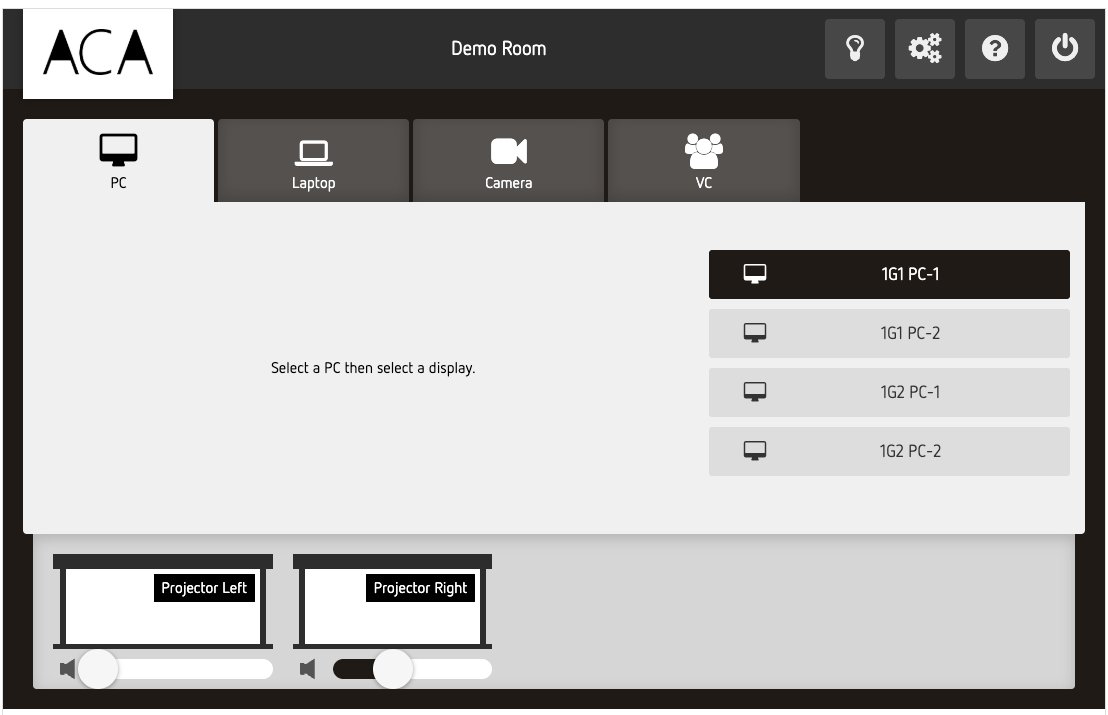 PlaceOS AV Room Control — Touch panel interface showing PC, Laptop, Camera, and VC source selection with dual projector controls