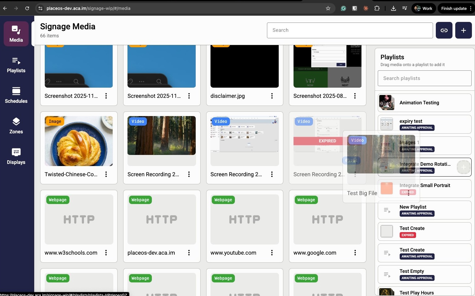 Digital signage media management interface showing content library and playlists