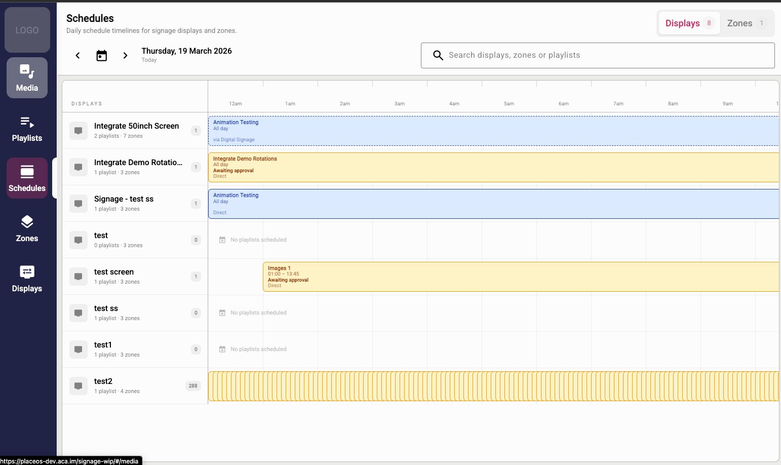 PlaceOS Digital Signage — Schedule timeline showing displays and zones