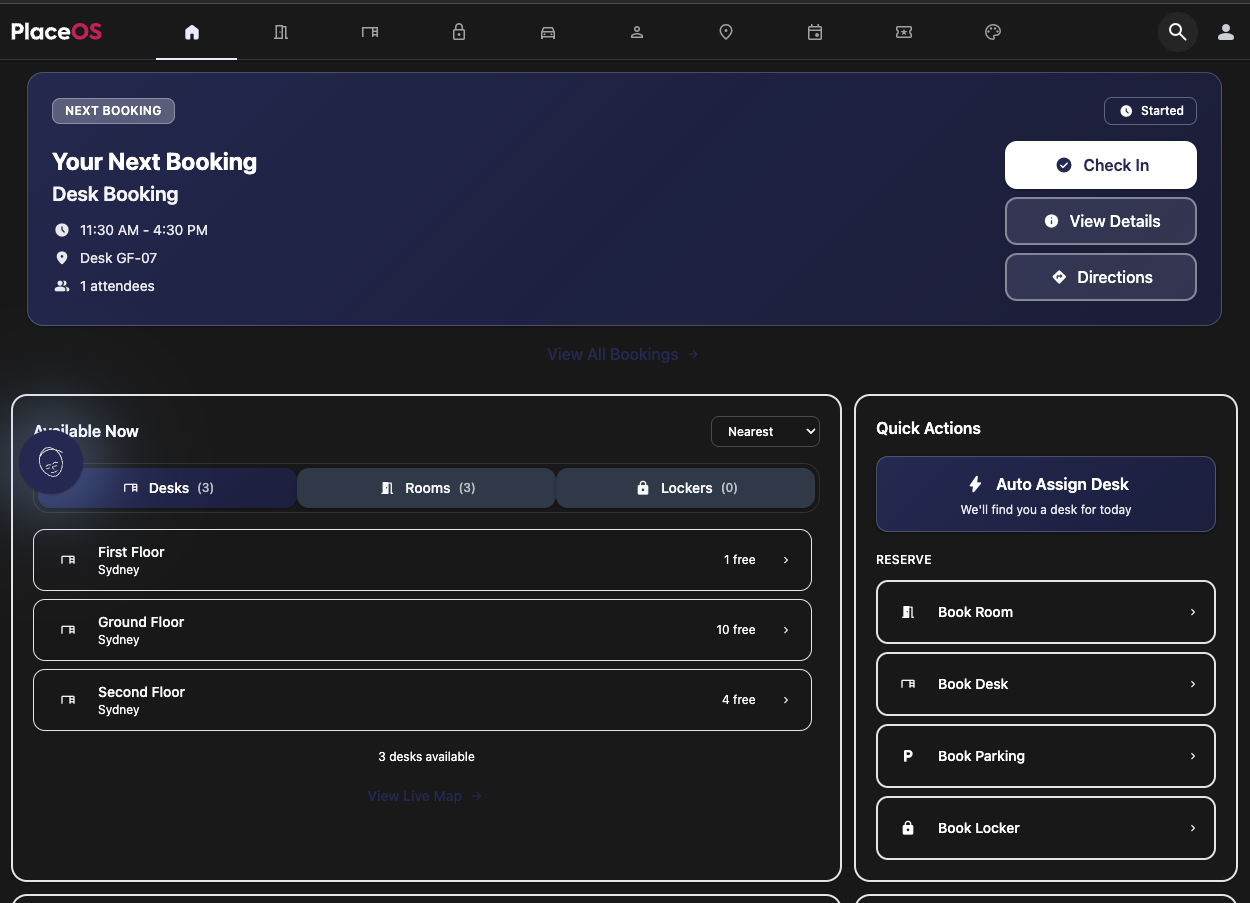 WorkMate desktop dashboard showing available desks, rooms, and lockers across multiple floors with quick actions panel