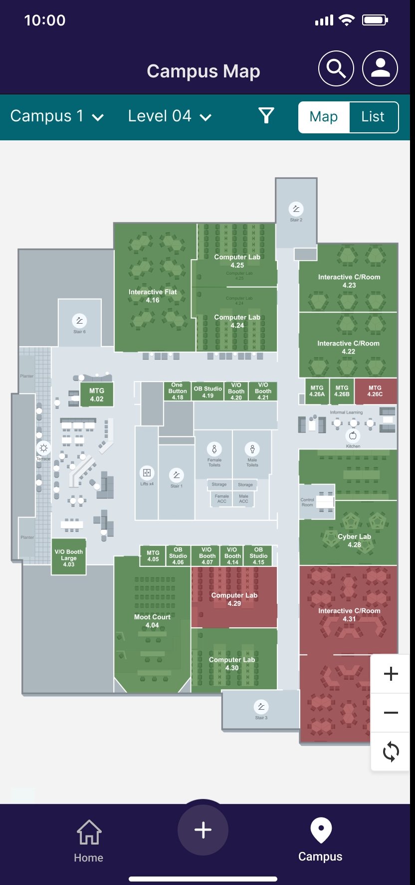 WorkMate interactive campus map showing colour-coded floor plan with rooms, desks, and spaces on Level 04