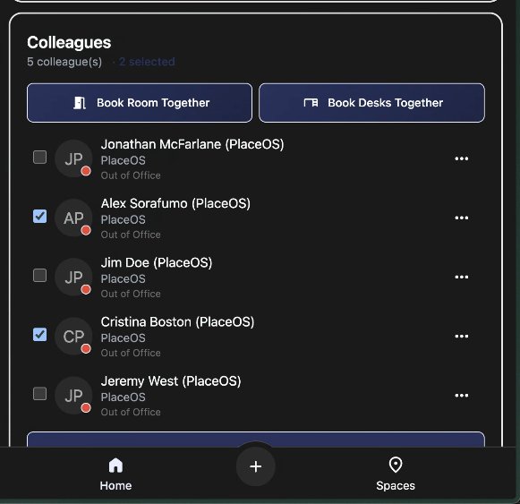 WorkMate mobile colleagues view with book room together and book desks together options